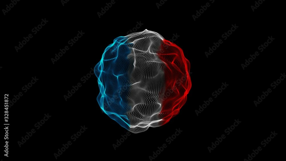 Poster 3d modern abstract three color in wireframe mesh sphere surface waving on isolated black background.