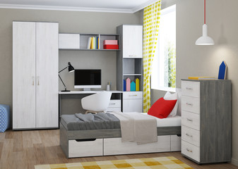 Cozy stylish bedroom designed for a teenager. Bright interior with bright accents. 3D rendering.
