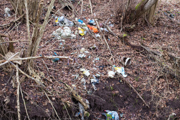 Plastic waste in the park area. Environmental pollution concept