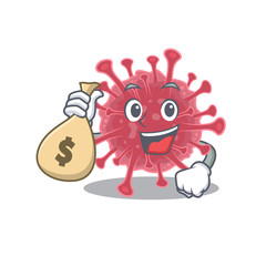 Smiley rich coronavirus disease cartoon character bring money bags