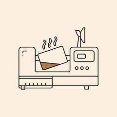 Vector outline icon of roaster machine. Equipment for roast coffee. Simple lined logotype. Element of design. Sign of roasting coffee in cafe isolated on beige background.  Automatic coffee roaster.