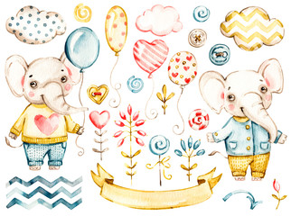 Baby boy cute elephant. Watercolor nursery cartoon jungle animals, baloons, tropical clouds. Adorable Nurseries safari set isolated on white background. Hand painted watercolour baby elephant clip art