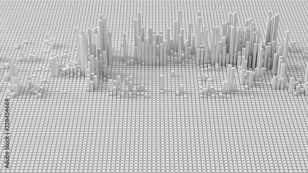 Poster 3d render of grid of blocks with pushing up details. complex digital and analysing concept. technolo