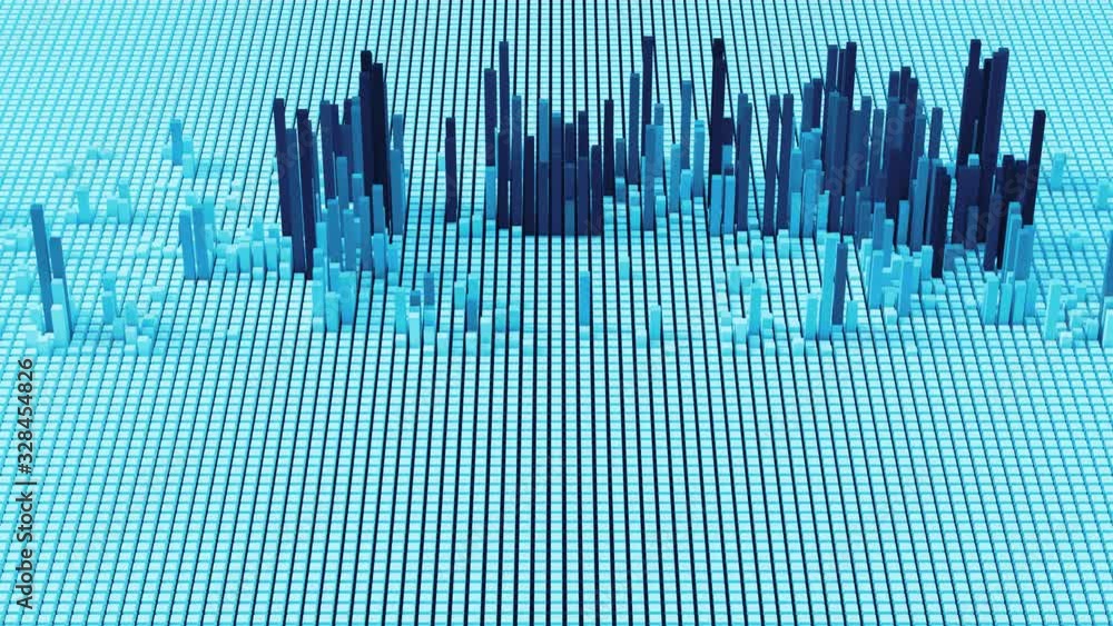 Poster blue 3d render of grid of blocks with pushing up details. complex digital and analysing concept. tec