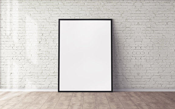 White poster on floor with blank frame mockup for you design. Layout mockup good use for your design preview.