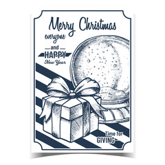 Merry Christmas Gifts Advertising Banner Vector. Christmas Snow Globe Souvenir With Snowflakes And Present Box. Xmas Celebration Decoration Sphere Template Designed Monochrome Illustration