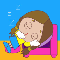 sleeping chibi girl with Zzz sign above his head, lying on an armchair, legs resting on an ottoman, vector color emoji on isolated background