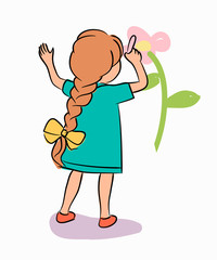 Isolated little girl drawing flower on white wall