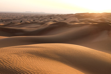 Desert landscape in the RUB al-Khali desert . The texture of sand dunes in the desert is yellow and orange. Red and yellow sand dunes
