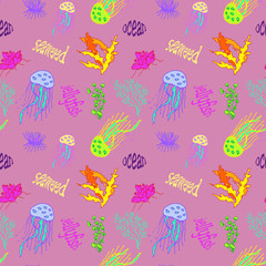 Obraz premium Underwater world seamless pattern: jellyfish and corals, algae. Use for backgrounds, prints on fabric, paper, etc.