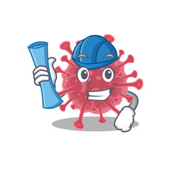 Smiling Architect of coronavirus disease having blue prints and blue helmet