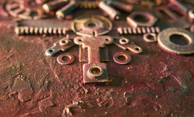 Nuts, Bolts and washers a selection of steel bolts and steel nuts. Closeup of many parts for industrial use