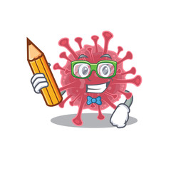 A smart student coronavirus disease character with a pencil and glasses