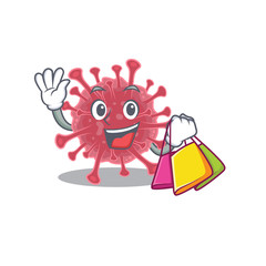 Happy rich coronavirus disease mascot design waving and holding Shopping bag