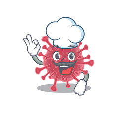 Cute coronavirus disease cartoon character wearing white chef hat