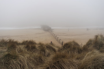 Horsey Gap, North Norfolk / England, UK: People exploring, wandering, climbing in fields in foggy, misty day