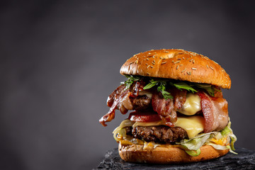 leckerer Burger mit würziger Sauce - obrazy, fototapety, plakaty