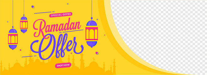 Ramadan Offer Header or Banner Design with Hanging Lanterns and Mosque on Yellow and Png Background with Space for Product Image.