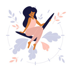 Fototapeta Take time for yourself or self care design concept. Cute girl sits on clock hands of huge watch. Happy mom enjoy free time. Vector illustration busy woman need take a break and relax. Motherhood Issue obraz