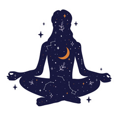 Young woman sits in lotus pose of yoga. Universe with crescent moon, constellations, galaxy and stars inside the girl. Free mind concept. Vector illustration of meditation, self care or mindfulness.