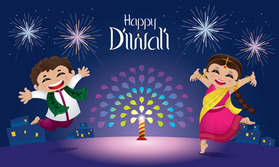 Indian boy and girl celebrating Diwali. With colorful fireworks.