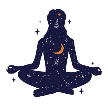 Young Woman Sits In Lotus Pose Of Yoga. Universe With Crescent Moon, Constellations, Galaxy And Stars Inside The Girl. Free Mind Concept. Vector Illustration Of Meditation, Self Care Or Mindfulness.