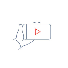 Vector linear phone and technology icons with movie player on smartphone touchscreen in hand | flat design thin line modern red and blue illustration and infographic on white background