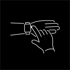 Vector smart watch linear icon with push button on smartwatches with one finger gesture | flat design thin line white modern illustration and infographic isolated on black background