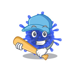 Mascot design style of bacteria coronavirus with baseball stick