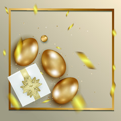 Happy Easter day celebration party. 3D golden egg with realistic golden shine decorated confetti for banner, greeting card, social media advertise. On background abstract