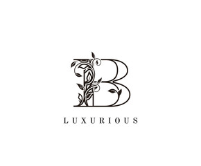 Vintage Letter B Logo. B Letter Design Vector with Black Color and Floral Hand Drawn.