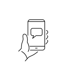 Vector linear phone and technology icons with smart phone in hand gesture with message on touchscreen | flat design thin line modern black illustration and infographic on white background
