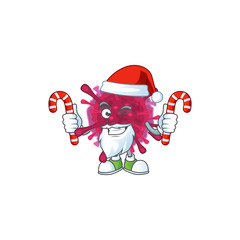 cartoon mascot style of amoeba coronaviruses in Santa costume with candy