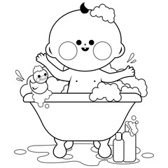 Baby in a tub taking a bath. Vector black and white coloring page