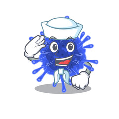 Cute bacteria coronavirus Sailor cartoon character wearing white hat