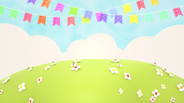 Cartoon green grass field with flowers and colorful bunting flags. 3d rendering picture.