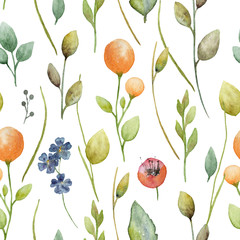 Seamless pattern with watercolor flowers, buds and grass. Print for textiles.