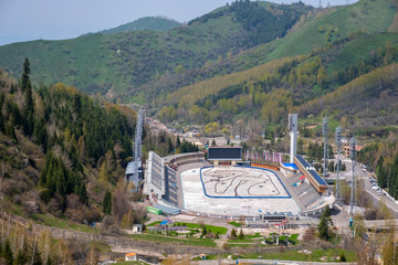 Medeo ice rink in spring. Medeo stadium with karting race track on it. Almaty, Kazakhstan, 27 April...