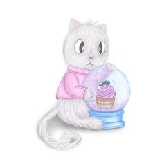 Postcard. Cute cat with a cake in a glass bowl
