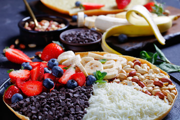 Close-up of asian sweet martabak manis with fruits