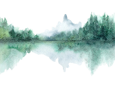 Watercolor landscape of nature, mountains and forests drawn on paper