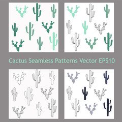 Set of seamless patterns with cacti. Scandinavian hand-drawn doodle succulents. Green, gray and outline cactus background for packaging, scrapbooking paper, banners. Stock vector illustration.