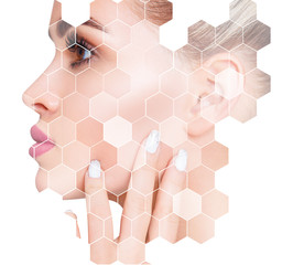 Young sensual blonde woman with mosaic honeycombs on face.