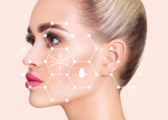 Infographic shows cleansing effect on beautiful female face.
