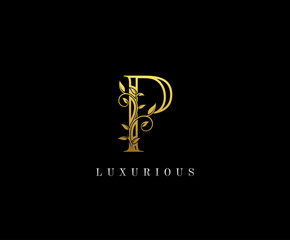 Gold Letter P Logo. P Letter Design Vector with Golden Colors and Floral Hand Drawn.