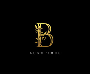 Gold Letter B Logo. B Letter Design Vector with Golden Colors and Floral Hand Drawn.