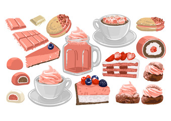 Set of sweet strawberry drinks and pastries