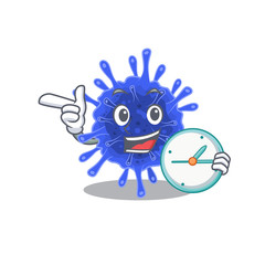 Cheerful bacteria coronavirus cartoon character style with clock