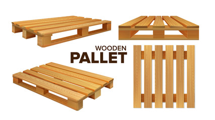 Wooden Pallet Different Size Collection Set Vector. Pallet Skid Flat Transport Structure For Transportation, Storaging And Protecting Delivery Goods. Concept Layout Realistic 3d Illustrations - obrazy, fototapety, plakaty