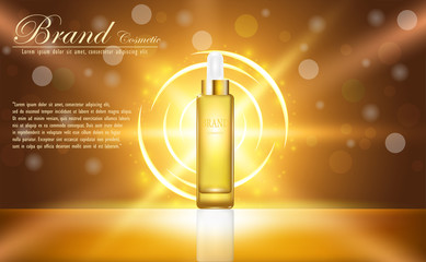 Hyaluronic acid skin solutions ad,  Gold collagen serum drop with cosmetic advertising background ready to use, vector illustration